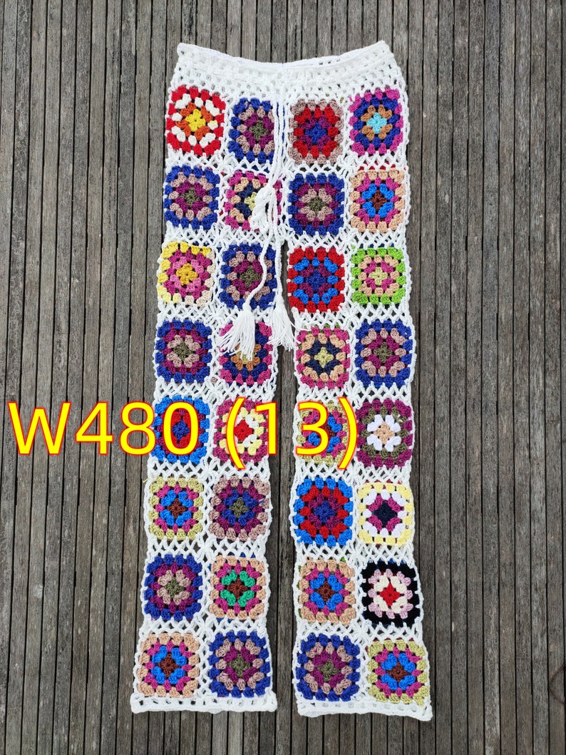 Fashion Handmade Crochet Women Trousers Granny Squares Long Pants W4813