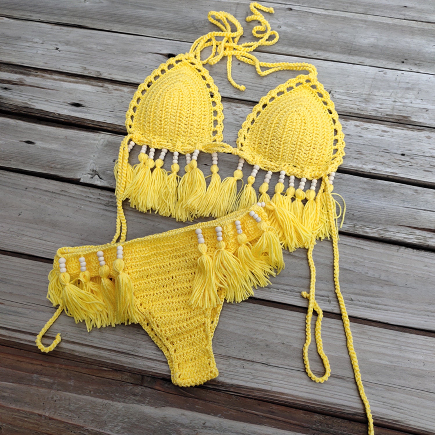 Hand Crochet Bikini Set Tassels Sexy Bead Women Swimwear Push | Etsy