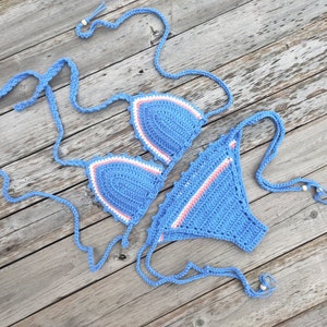 Hand Crochet Bikini Set, Blue Women Crochet Swimsuit Sexy Beach Bikini, Cheeky