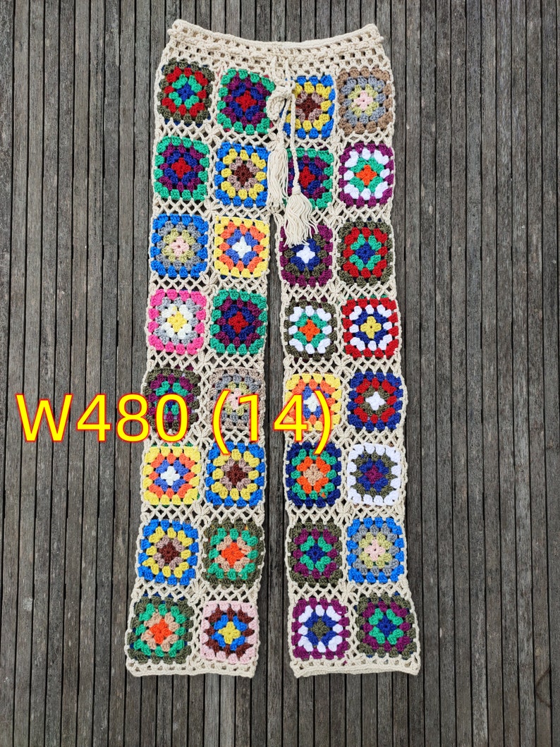 Fashion Handmade Crochet Women Trousers Granny Squares Long Pants W4814