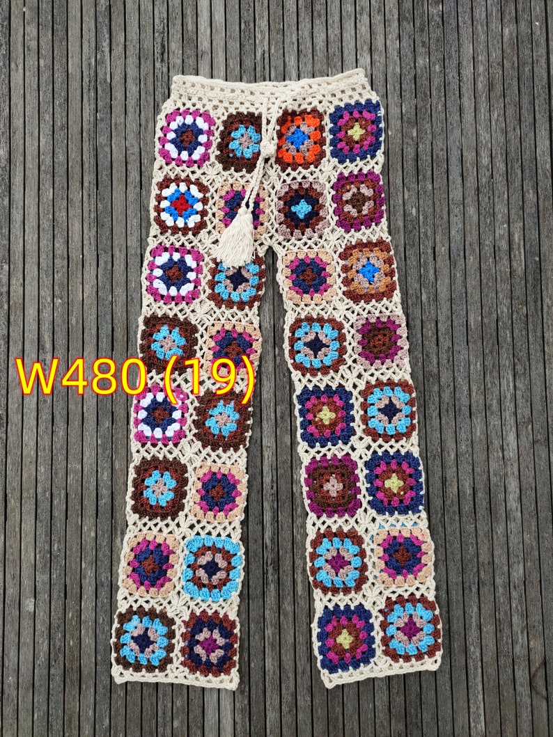 Fashion Handmade Crochet Women Trousers Granny Squares Long Pants 4819