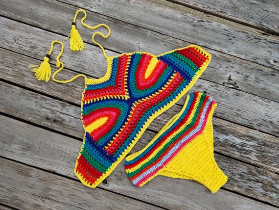 Handmade Crochet Bikini Set Sexy Swimwear Rainbow Women | Etsy