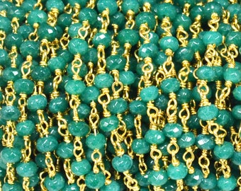 10 Feet Green Onyx 3-4mm Gold Wire Rosary Beaded Chain, 24k Gold Beads Wire Wrapped Rosary Chain, Semi Precious Beaded Chain