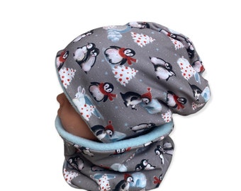 Beanie & Loop set, size 44-54 hat children's hat, hat set boy, hat boys, winter hat penguin gray