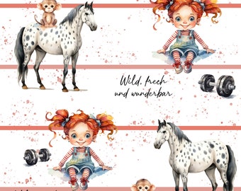 Exclusive in-house production organic jersey wild girl horse monkey 0.5 m children's fabric cotton jersey, girls' fabric, boys' fabric