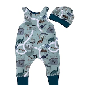 Barboteuse 56 62 68 74 Dino Pantalon menthe pétrole, une pièce, barboteuse, chapeau, filles, salopette, ensemble bébé, équipement de départ pour garçon