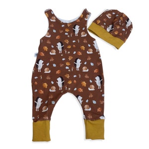 Bio Jersey Romper 56 62 68 74 Pantalon, une pièce, garçon barboteuse chapeau, salopette, kit bébé équipement initial hérisson rouille