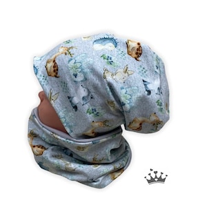 Beanie and loop set, forest animals mint hedgehog children&#39;s hat, hat set young boy&#39;s hat