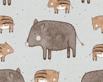 Exclusive in-house production organic jersey animals wild boar gray brown 0.5 m children's fabric cotton jersey, girls' fabric, boys' fabric