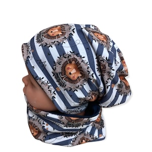 Beanie & Loop set, size 44-54 hat lion striped blue children's hat, hat set boy, animal hat boy, winter hat