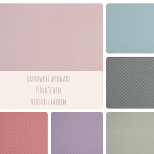 Pode incluir: Uma coleção de amostras de tecido com bolinhas brancas em diferentes fundos coloridos. As cores são rosa, azul claro, cinza, vermelho, roxo e bege. O texto na etiqueta diz "Baumwollwebware Pünktchen Versuch Farben".