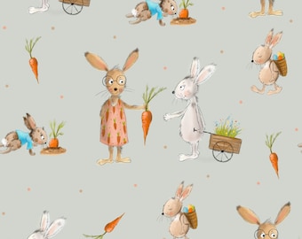 Exclusive in-house production organic jersey carrot bunny flowers spring Easter bunny 0.5 m children's fabric cotton jersey, girls' fabric, boys' fabric