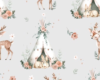 Organic jersey children's fabric in-house production forest animals boho grey | GOTS-certified, soft cotton for children's clothing | Exclusive designs