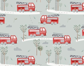 Exclusive in-house production organic jersey fire brigade car red mint 0.5 m children's fabric cotton jersey, girls' fabric, boys' fabric