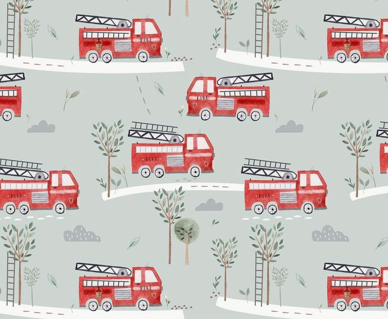 Exclusive in-house production organic jersey fire brigade car red mint 0.5 m children's fabric cotton jersey, girls' fabric, boys' fabric image 1