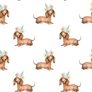 Könnte beinhalten: Ein sich wiederholendes Muster von Dackel-Hunden mit Partyhüten, die mit Blumen geschmückt sind. Die Hunde sind braun mit langen Ohren und kurzen Beinen, vor einem weißen Hintergrund. Die Hüte sind hellblau mit gelben und rosa floralen Akzenten.