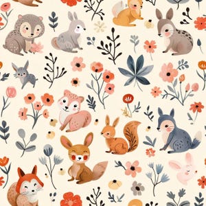 Op de afbeelding: Een grillig patroon met bosdieren en bloemelementen. Het ontwerp bevat verschillende dieren zoals vossen, konijnen, eekhoorns en een beer, afgewisseld met bloemen en bladeren in tinten oranje, roze en blauw op een crèmekleurige achtergrond.