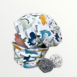 Muts en lussenset, jersey fleece maat 44-54 Dino blauw gele kindermuts, hoedenset jonge dieren, turquoise jongensmuts