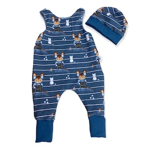 Barboteuse en jersey bio 56 62 68 74 pantalon, une pièce, barboteuse pour garçon, bonnet, salopette, kit bébé équipement initial souris bleu hiver