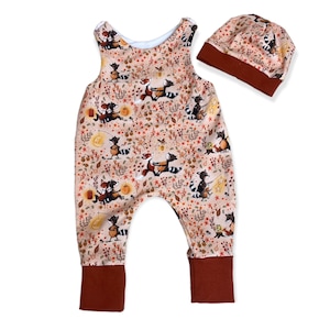 Bio Jersey Romper 56 62 68 74 Pantalon, une pièce, garçon romper costume chapeau, salopette, kit bébé équipement initial lanterne rouille raton laveur