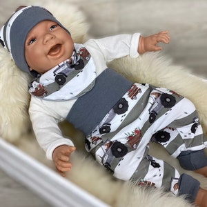 Baby set 56 62 68 74 pants, hat and triangular scarf, first equipment, new born set tractor bear green, boy bloomers vehicles gray