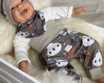 Baby Set 56 62 68 74 Trousers , cap and triangular scarf , New born set Diver submarine bear brown , young pumppants