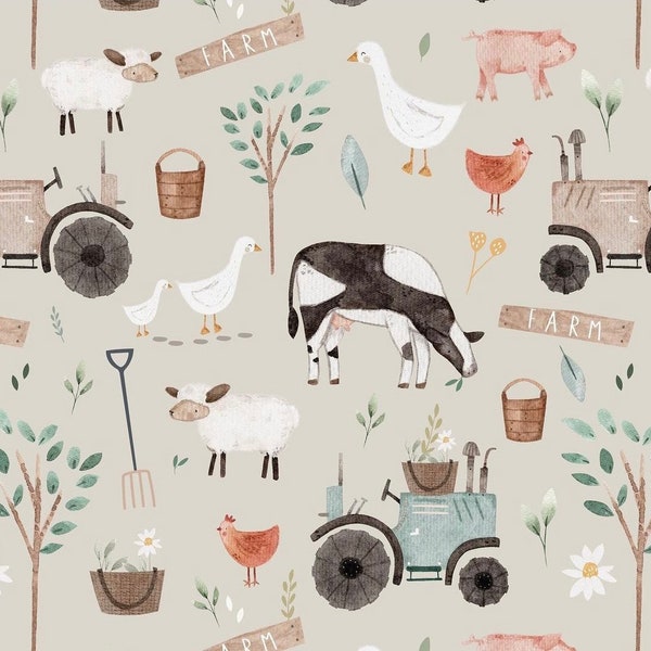 Exclusive own production organic jersey cow gray farm animals 0.5 m children's fabric cotton jersey, girls' fabric, boys' fabric
