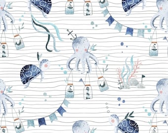 Exclusive in-house production organic Jetsey sea creatures whale octopus blue 0.5 m children's fabric cotton jersey, girls' fabric, boys' fabric