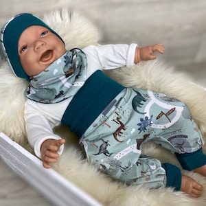 Baby set 56 62 68 74 pants, hat and triangular scarf, first equipment, new born set, young bloomers Dino mint Petrol