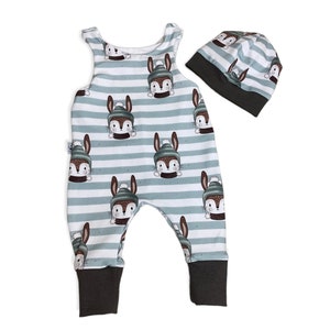 Bio Jersey Romper 56 62 68 74 Pantalon, une pièce, garçon romper costume chapeau, salopette, bébé set équipement initial hiver menthe lapin