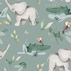 In-house production organic jersey elephant jungle mint green white 0.5 m children's fabric cotton jersey, girls' fabric