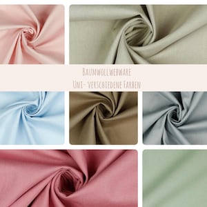 Può includere: Una collezione di campioni di tessuto in vari colori, tra cui rosa, azzurro, marrone, grigio, rosso e verde. Il tessuto è di cotone e ha una texture liscia. Il testo "Baumwollwebware UNI - VERSCHIEDENE FARBEN" è visualizzato su uno sfondo bianco.