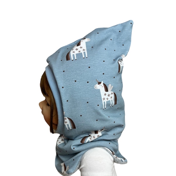 Bonnet slouchy licorne cheval bleu, bonnet et boucle, bonnet enfant polaire jersey, chaussette tour de cou, bonnet écharpe bébé fille