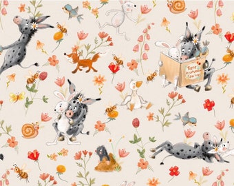 Exclusive in-house production organic jersey donkey rabbit flowers spring forest animals 0.5 m children's fabric cotton jersey, girls' fabric, boys' fabric