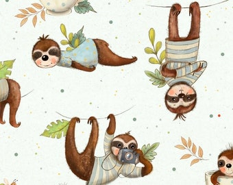 Exclusive in-house production organic jersey mint sloth animals 0.5 m children's fabric cotton jersey, girls' fabric, boys' fabric