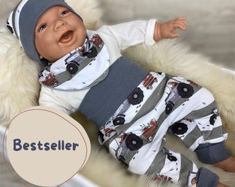 Baby Set 56 62 68 74 Hose , Mütze und Dreieckstuch , Erstausstattung , new born set Traktor Bär grün  , junge Pumphose Fahrzeuge grau