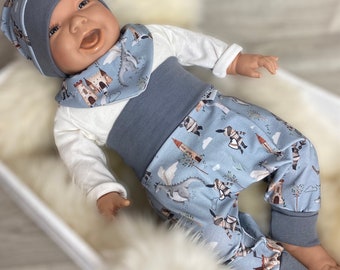 Baby set 56 62 68 74 pants, hat and triangular scarf, starter kit, new born set, boy's bloomers knight dragon blue organic jersey