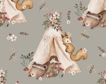 Exclusive in-house production organic jersey taupe boho forest animals bear flowers 0.5 m children's fabric cotton jersey, girls' fabric, boys' fabric