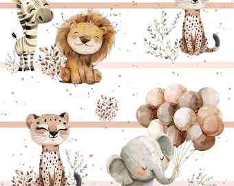 Exclusive in-house production organic jersey safari animals brown white elephant lion 0.5 m children's fabric cotton jersey, girls' fabric, boys' fabric