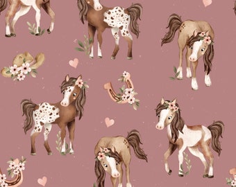 In-house production exclusive organic jersey horse girl berry pink 0.5 m children's fabric cotton jersey, girls' fabric