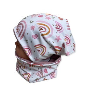 Mössa och ögleset, jerseyfleece storlek 44-54, barnmössa, dusty rose, regnbågsrosa, fjärilsmössa för flickor