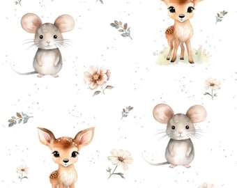 Exclusive in-house production organic jersey deer mouse forest animals white 0.5 m children's fabric cotton jersey, girls' fabric, boys' fabric