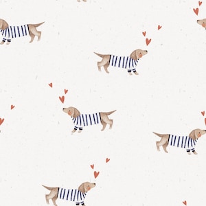 Può includere: Uno schema senza cuciture che presenta un design ripetuto di un bassotto marrone che indossa un maglione a righe blu e bianche. Il bassotto sta guardando verso l'alto un gruppo di cuori rossi.