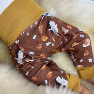 Organic jersey harem pants size 56-110, pants young girls, baby pants, pants children rust hedgehog yellow