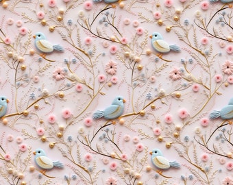 Exclusive in-house production organic jersey 3D look flowers bird blue pink 0.5 m children's fabric cotton jersey, girls' fabric, boys' fabric