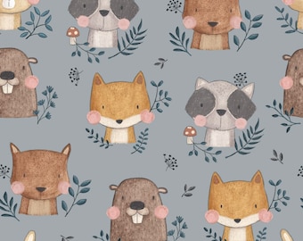In-house production organic jersey beaver raccoon fox blue white 0.5 m children's fabric cotton jersey, girls' fabric