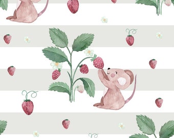 In-house production organic jersey mouse strawberries mint white 0.5 m children's fabric cotton jersey, girls' fabric