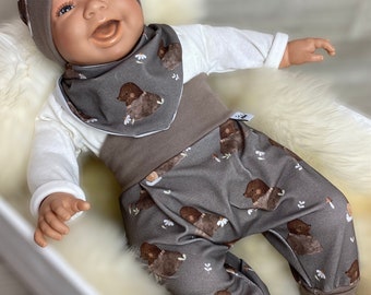 Baby set 56 62 68 74 pants, hat and triangular scarf, starter kit, new born set, young bloomers mole brown