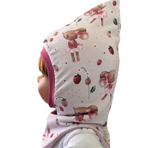 Balaklava, mössa och ögla, jerseyfleece storlek 40-56 mus jordgubbar rosa barnmössa, halsvärmare, mössa babyflicka halsduk