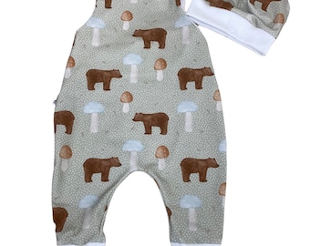 Romper 56 62 68 74 Bear Mushrooms mint Pantalon, une pièce, casquette de costume romper, filles, dungarees, babyset girls, jeune équipement initial